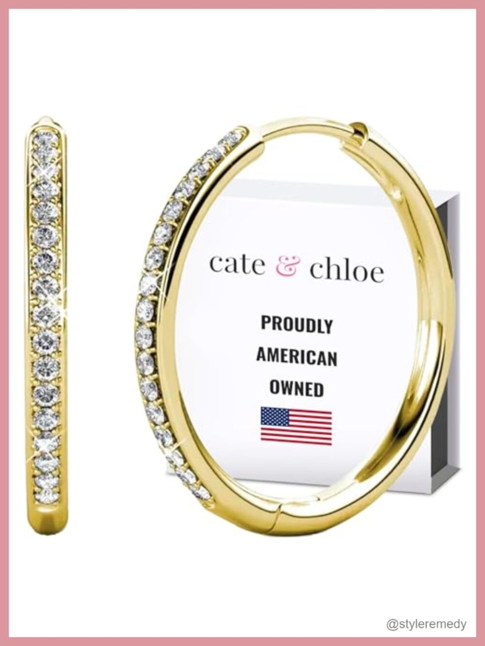 18K Gold-Plated Brass Hoop Earrings Cubic Zirconia Round Cut Hinged Latch Back